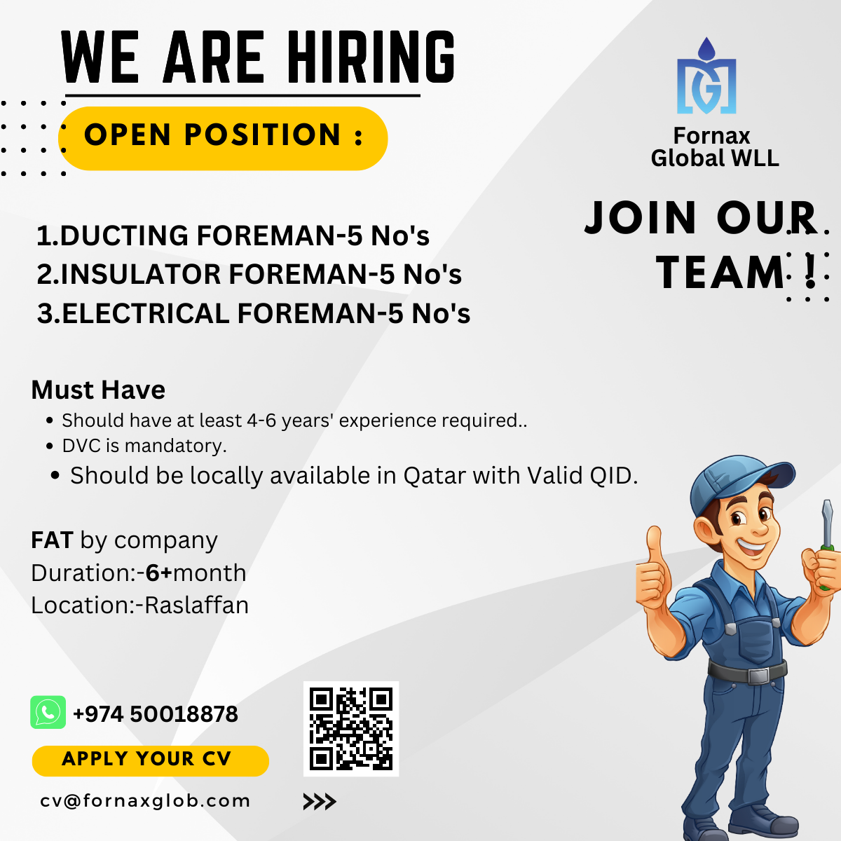 DUCTING FOREMAN,INSULATOR FOREMAN,ELECTRICIAL FOREMAN