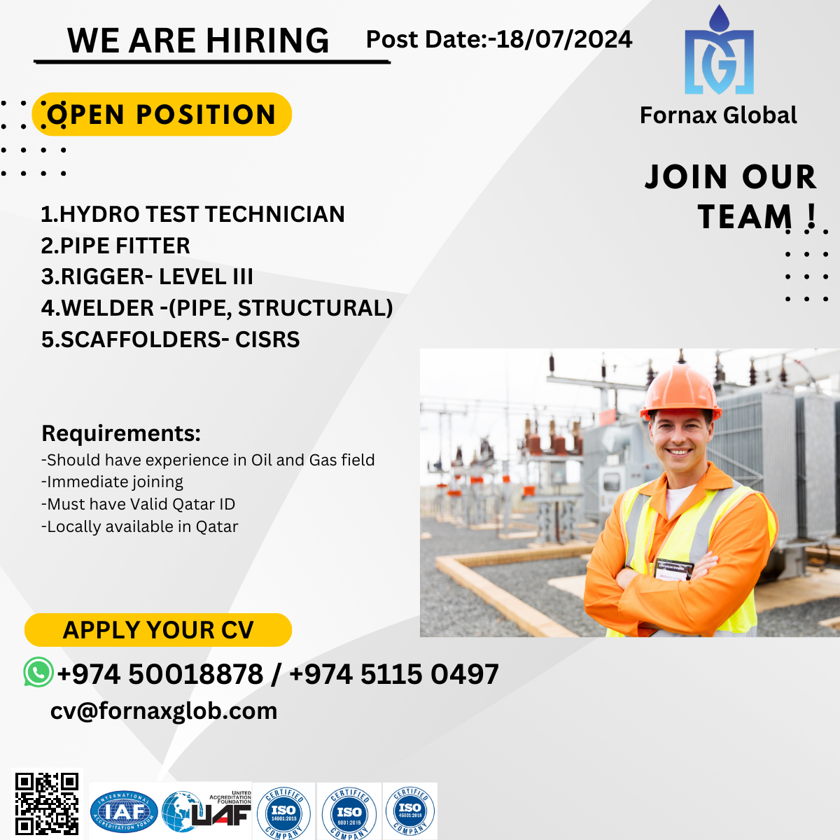 1.Hydro Test Technician 2.Pipe Fitter 3.Rigger- Level III 4.Welder -(Pipe, Structural) 5.Scaffolders- CISRS